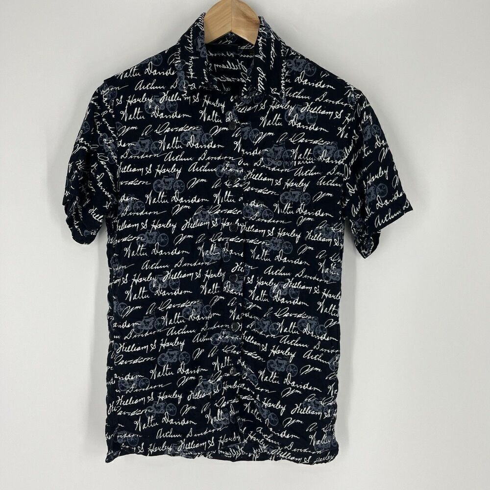 Harley Davidson Shirt Size XS Womens Black All Over Print Hawaiian Camp Button